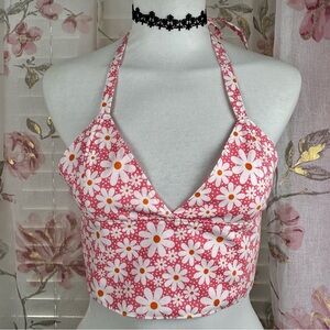 White flowers Print Halter Crop Top